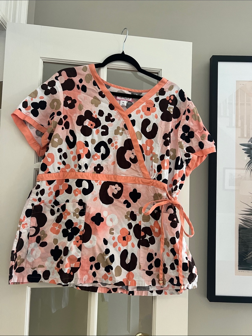 Koi Women’s Wrap Scrub Top in Peach & Brown Animal Print